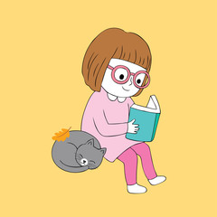 Cartoon cute girl reading and cat vector.