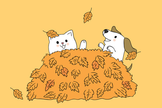 Cartoon Cute Autumn Cat And Dog Playing Vector.