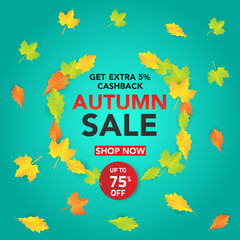 Autumn sale banner template with leaves, fall leaves for shopping sale. banner design. Poster, card, label, web banner. Vector illustration