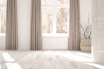 White empty room with winter landscape in window. Scandinavian interior design. 3D illustration