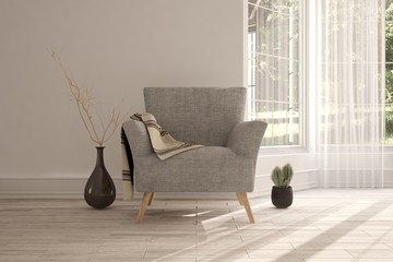Inspiration of white minimalist room with armchair. Scandinavian interior design. 3D illustration