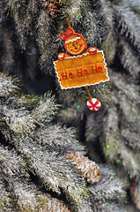 Christmas ornaments decorations, santa clause, tree with covered with snow,  