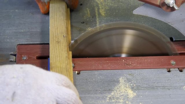 Plank of wood being sliced with a wood cutting automatic machine blade at a workshop - circular table saw.
(close up)
