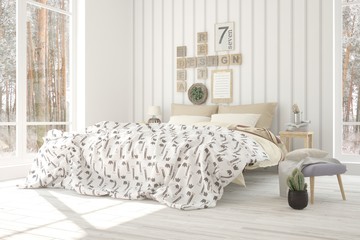 White bedroom with winter landscape in window. Scandinavian interior design. 3D illustration