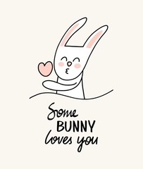 Some bunny loves you. Funny cute vector flat illustration poster