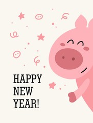Happy New Year poster with cute pink piggy. Celebration flat vector illustration greeting poster