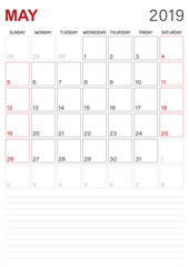 English calendar - May 2019 / Monthly planner calendar May 2019, week starts on Sunday, desk calendar template, vector illustration