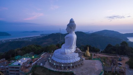 aerial photography blue sky and blue ocean are on the back of Phuket Big Buddha statue. .Phuket big Buddha the land mark of Phuket.every day 
