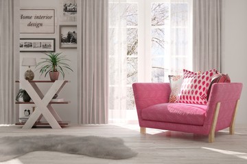 White room with armchair and winter landscape in window. Scandinavian interior design. 3D illustration