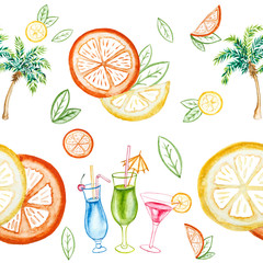 Seamless pattern. Watercolor beach tropical set. Hand drawn summer objects: citrus, cocktails, palms. Illustration isolated on white background.
