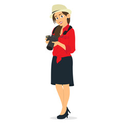 Woman photographer holding a camera on a white background.