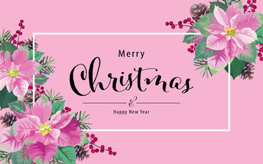Poinsettia flowers in pink and green color frame background. Vector set of Christmas elements for holiday invitations, greeting card and advertising design.