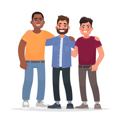 International friendship. African american, caucasian man and Asian together hugging