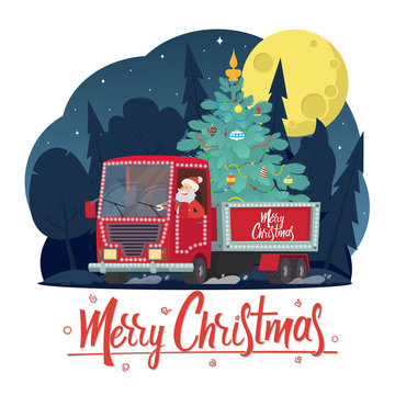 Santa Claus is a truck driver with a Christmas tree.