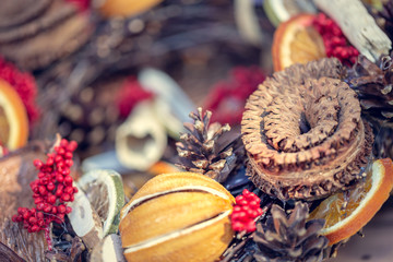 Autumnal decoration. Ornament with dried fruit and cones. Aromatic, relaxing, mood-enhancing fragrances.