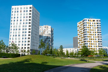 Modern multistory apartment buildings seen in Munich, Germany