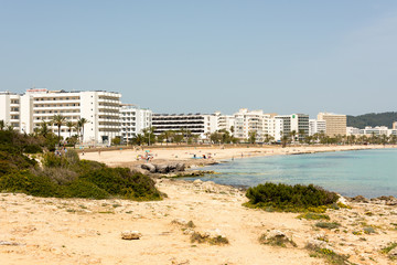 View of the skyline with the hotels on the promenade with beach in Cala Millor on the holiday island Mallorca in the Mediterranean Sea