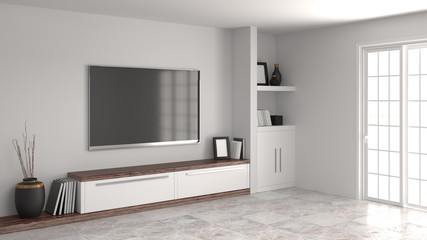 White wood modern cabinet in empty room interior background home designs 3d rendering ,shelves and books on the desk in front of  wall empty wall Improvement TV Shelf