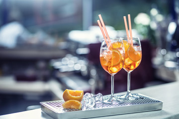 Aperol spritz drink on bar counter in pub or restaurant