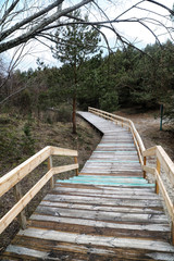 Fototapeta premium Wooden staircase among the sand on a cloudy day