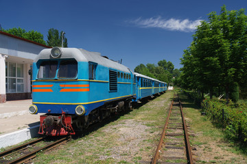 Obraz premium Suburban train travels by rail in Russia on a sunny day