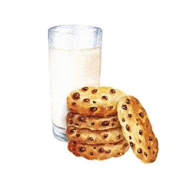 Hand drawn watercolor glass of milk with pile of cookies isolated on white background. Delicious food illustration.