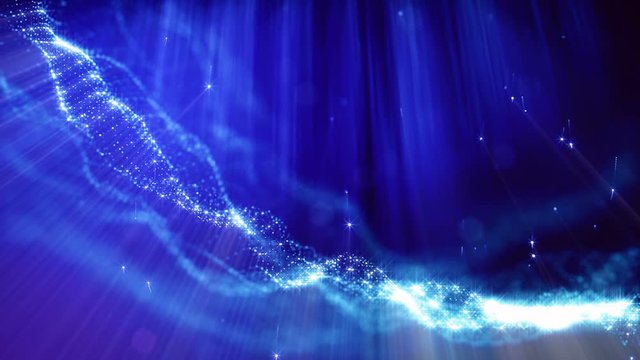 Microcosm or space. Seamless looped footage with beautiful light effects and 3d animation of glow particles with depth of field, bokeh and light rays for abstract background or vj loop. Blue 6