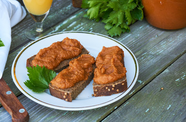 Sandwiches with squash caviar on a plate