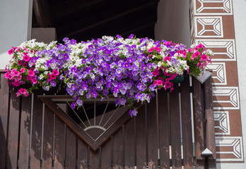 Fototapeta na wymiar Traditional flowered balcony at the Italian Alps and dolomites