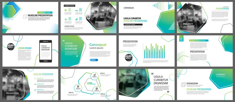 Green geometric slide presentation templates and infographics background. Use for business annual report, flyer, corporate marketing, leaflet, advertising, brochure, modern style.