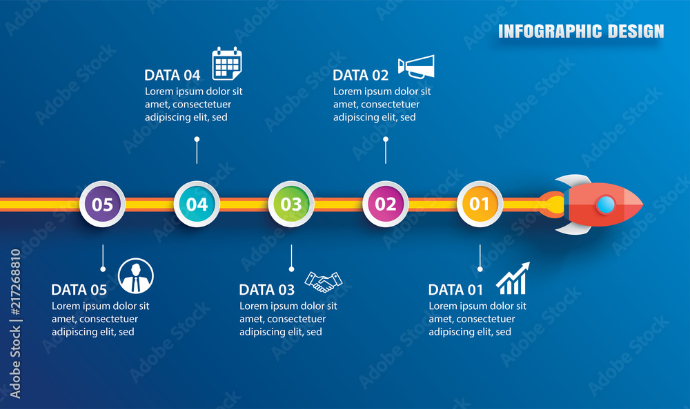 Poster startup infographic with 5 circle horizontal data template.vector illustration abstract rocket paper