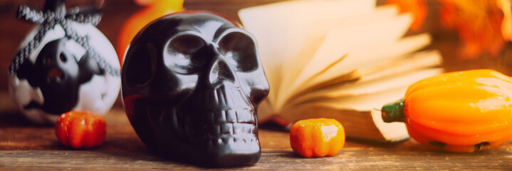 mystical background with candles for a party on Halloween, banner, wide long