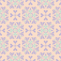 Floral seamless pattern. Beige background with violet and blue flower elements