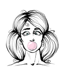 Sketchy funny black and white fashion girl with bubble gum vector print.For t-shirt or other uses,T-shirt graphics, textile graphic