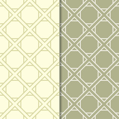 Set of geometric ornaments. Olive green seamless patterns