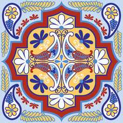 Seamless vector tile pattern. Colorful lisbon, mediterranean floral ornament pattern. Flower mosaic. Arabic, Turkish, Pakistan, Moroccan, Portuguese motifs.