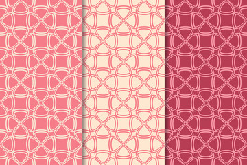 Set of red floral ornaments. Cherry pink vertical seamless patterns
