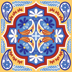 Seamless vector tile pattern. Colorful lisbon, mediterranean floral ornament pattern. Flower mosaic. Arabic, Turkish, Pakistan, Moroccan, Portuguese motifs.