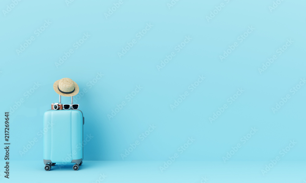 Poster blue suitcase with sun glasses, hat and camera on pastel blue background. travel concept minimal . 3