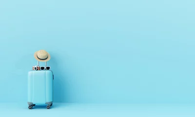 Fotobehang Blue suitcase with sun glasses, hat and camera on pastel blue background. travel concept minimal . 3d rendering  © aanbetta