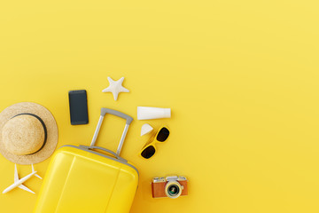 Flat lay yellow suitcase with traveler accessories on yellow background. travel concept. 3d render © aanbetta