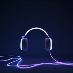Glowing headphone neon on dark background. 3d render
