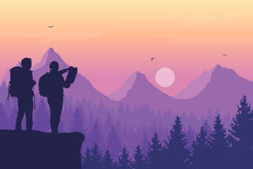 Two tourists, man and woman with backpacks standing and looking in a map on rock over mountain landscape with coniferous forest under purple sky with birds and sun