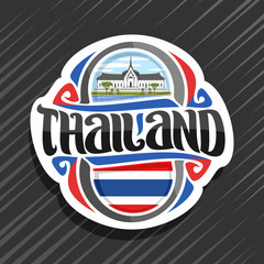 Vector logo for Kingdom of Thailand, fridge magnet with thai state flag, original brush typeface for word thailand and national thai symbol - Sanphet Prasat Palace in Bangkok on cloudy sky background.