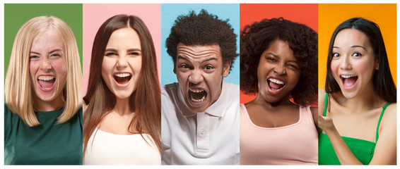 The collage of photos of attractive smiling happy women and afro man. The collage of faces of surprised girls on colored backgrounds at studio. Happy women smiling. Human emotions, facial expression