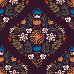 Vector seamless embroidery pattern, decorative textile ornament, pillow or bandana decor. Bohemian handmade style background design.