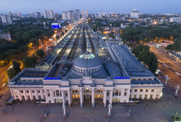 drone view to twilight lights on rail station in Odessa in Ukraine