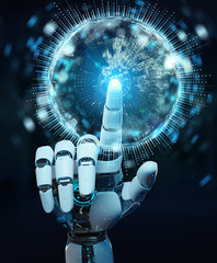 White humanoid hand using globe network hologram with Europe map 3D rendering
