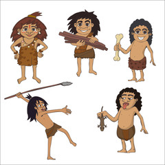 cartoon set of stone age kids characters