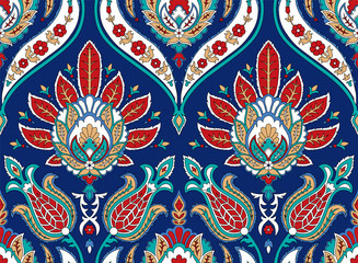 Vector seamless colorful pattern in turkish style. Vintage decorative background. Hand drawn ornament. Islam, Arabic, ottoman motifs. Wallpaper, fabric, wrapping paper print. 